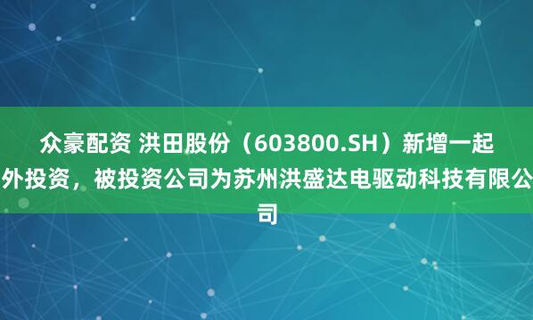 众豪配资 洪田股份（603800.SH）新增一起对外投资，被投资公司为苏州洪盛达电驱动科技有限公司